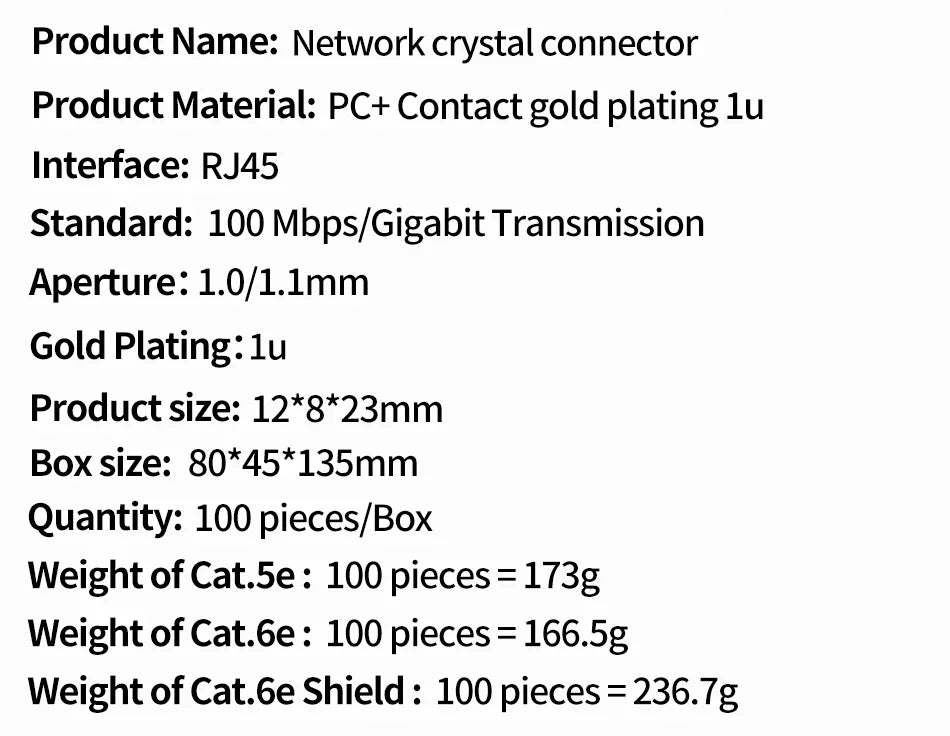 100Pcs Bulk Cat5e/Cat6 RJ45 Connectors Gold Plated for Gigabit Ethernet 100M/1000Mbps High-Speed Network Cable Plug
