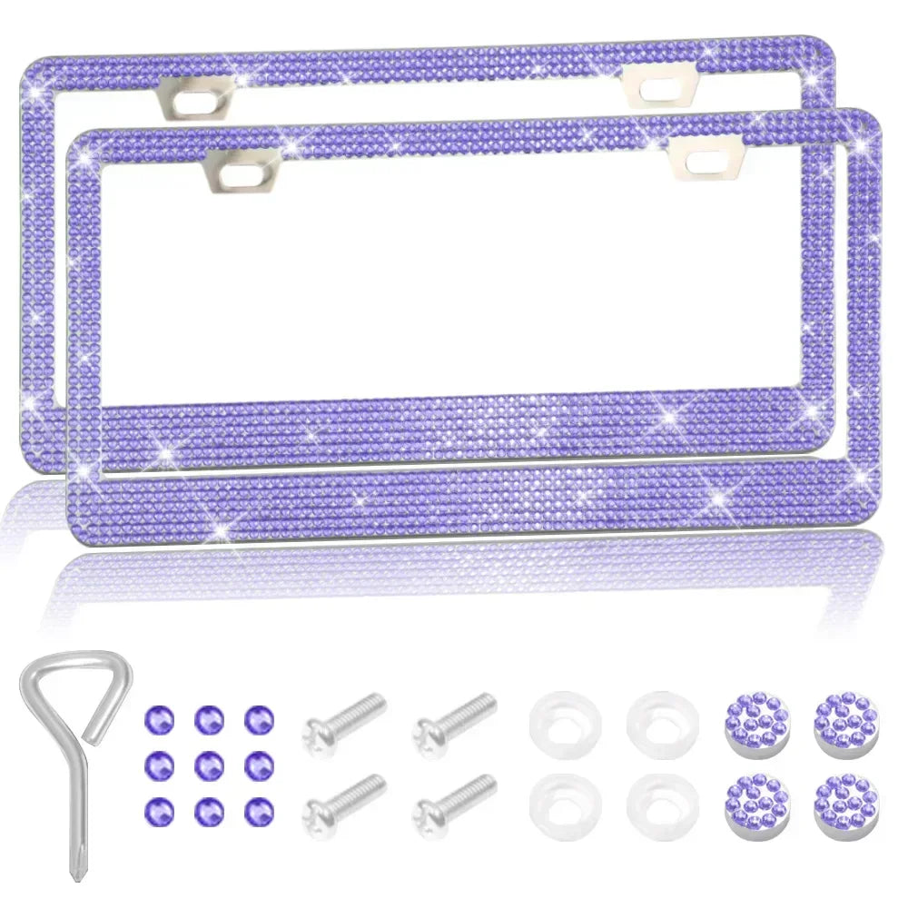Bling Crystal License Plate Frame Luxury Car Frame Plate with Button Diamond Car License Plate Frame Cover for Women-2 Pack