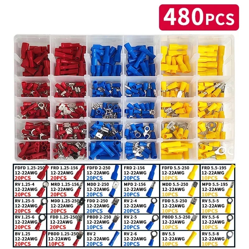 280/480/720/1200pcs Cold Pressed Terminal Kit - Insulated Quick Connect Spade/Ring/Fork Crimp Connectors for Automotive Wiring