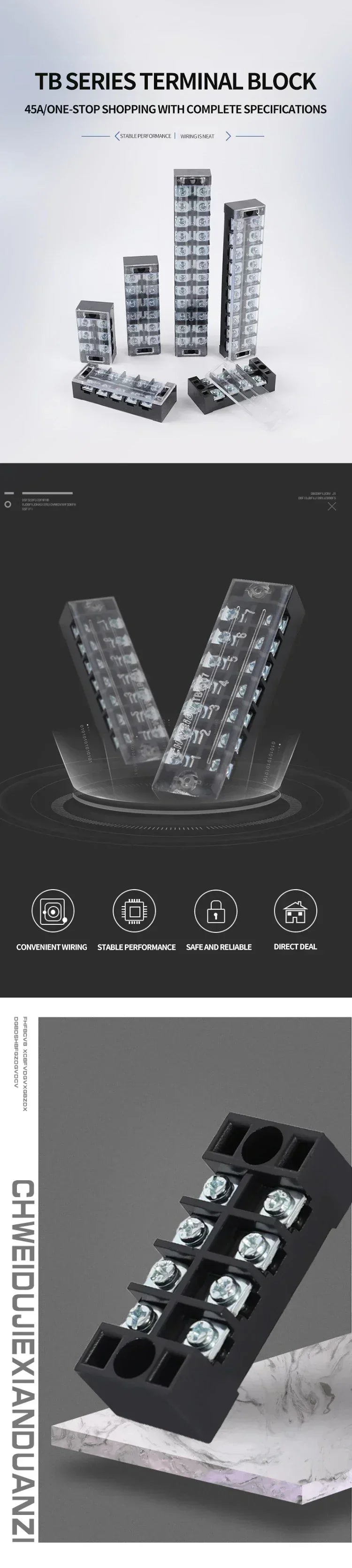 15A/25A/45A 600V Dual Row Barrier Terminal Block TB Series (3-12 Positions) Screw Connector for Electrical Panels TB1503 TB2512