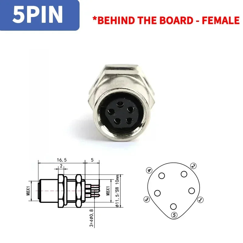 M8 Sensor Connector Panel Back Mount Waterproof Flange Socket Threaded Coupling Male&Female 3Pin 4Pin 5Pin A Type