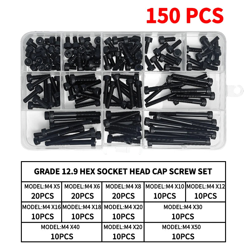 Grade 12.9 Carbon Steel Socket Head Cap Screws Kit, M3 M4 M5 M6 M8 Assortment, High Tensile Hex Bolts, Rust Resistant, Allen Key