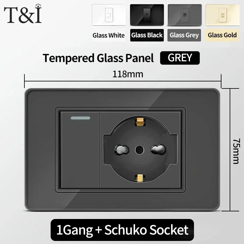 T&I Wall Switch Sockets with USB-C Fast Charging - Italy Socket, Chile Schuko Outlet & Tempered Glass Panel for Home Use