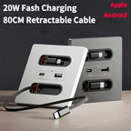 86-Type Wall Socket Panel with 20W USB-C PD & USB-A Ports | 80CM Retractable Cable for iPhone/Android Fast Charging
