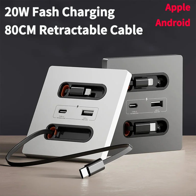 86-Type Wall Socket Panel with 20W USB-C PD & USB-A Ports | 80CM Retractable Cable for iPhone/Android Fast Charging