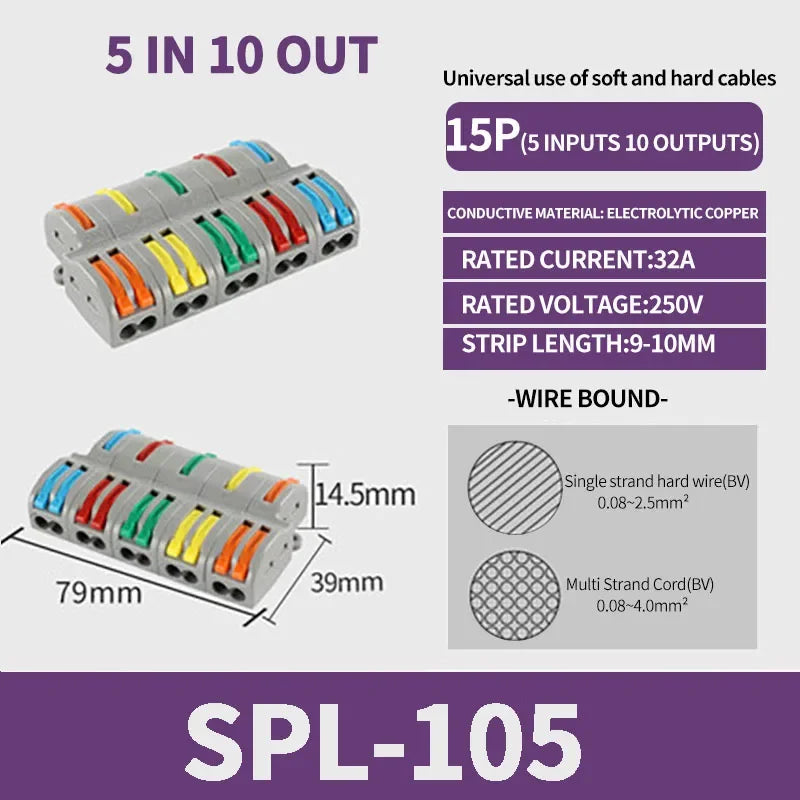 SPL-42/62/63/82/93 3/2-in 8/6/4-out Fast Wiring Terminal Multi-functional Parallel and Branch Docking Terminal Wire Connector