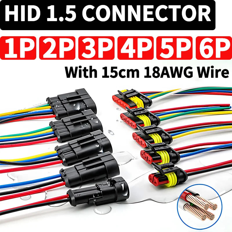 5/20/100 Sets HID 1/2/3/4/5/6 Pin Waterproof Auto Connector Kit with 15CM 18AWG Wire for Car/Truck Harness Wiring