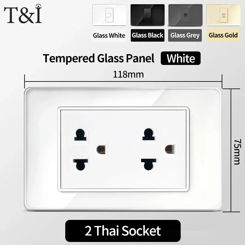 118x75mm Tempered Glass US-Thai Socket: Dual USB-C Ports & 2 AC Outlets for 110V, Scratch-Resistant Panel