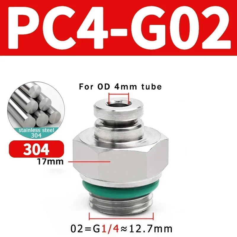 Stainless Steel PC-G Pneumatic Push-In Fitting, Straight Male G Thread Air Tube Connector for Air Compressor & Pneumatic Systems