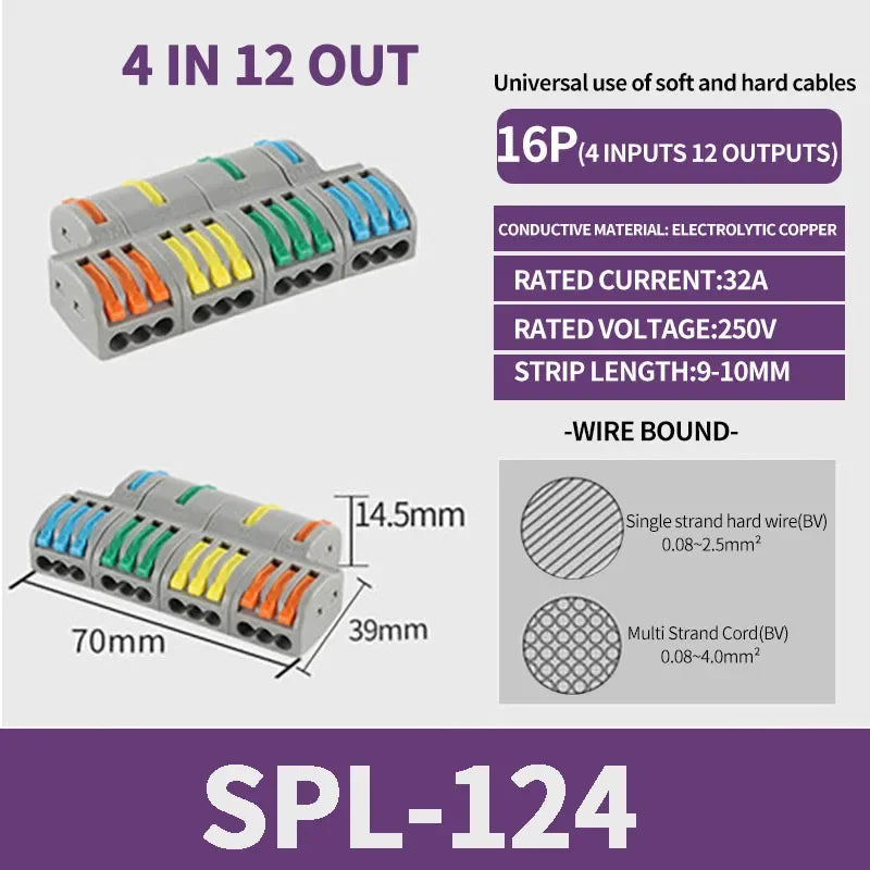 SPL-42/62/63/82/93 3/2-in 8/6/4-out Fast Wiring Terminal Multi-functional Parallel and Branch Docking Terminal Wire Connector