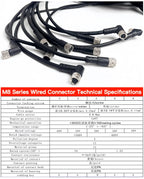 2m M8 Sensor Connector Cable, Straight & Right Angle Options, Male/Female, 3/4/5/6/8 Pin, Waterproof Molded Plug for Industry