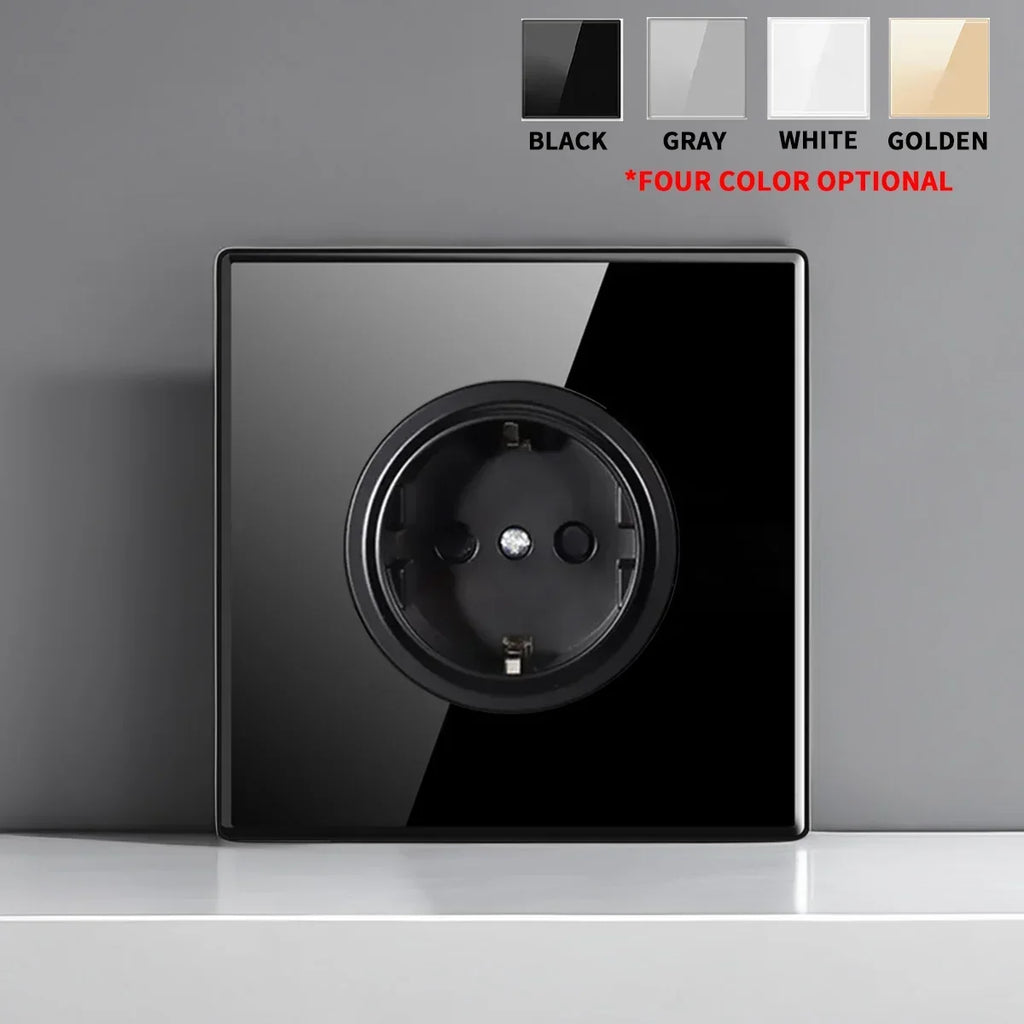 European British French Standard Tempered Glass Switch Socket with Indicator Light , Self-Reset 1 2 3 4 Gang Wall Panel Outlets