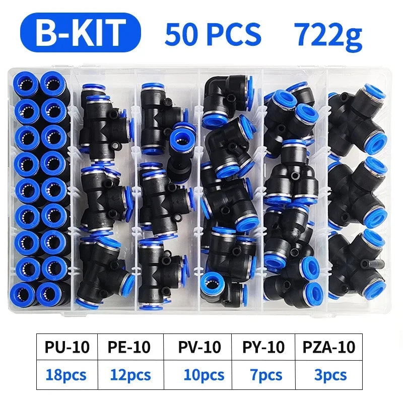50 PCs/BOx Boxed Pneumatic Fittings PU-10/PE-10/PZA-10/PY-10/PV-10 Quick Release Connectors Kit For 4mm Plastic Hose Couplings
