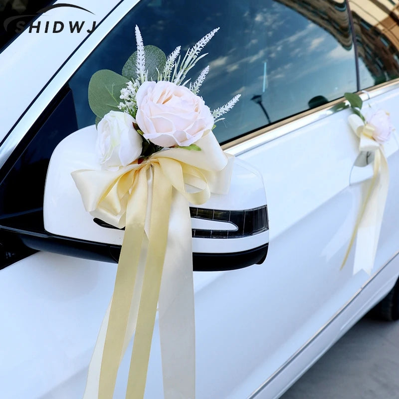 Creative Artificial Flower Wedding Car Decor Flower Door Handles Rearview Mirror Decoration Accessories Marriage Props Gifts