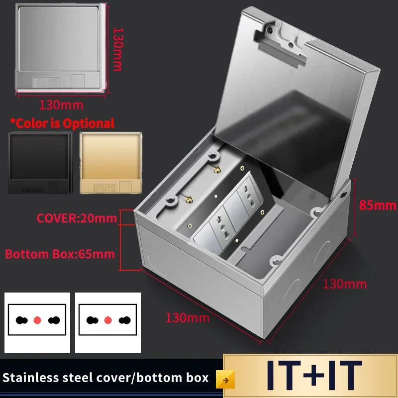 Hidden Floor Socket with USB Charging Ports, 304 Stainless Steel Underground Power Outlet, EU FR BR IL IT Standard, 130×130mm
