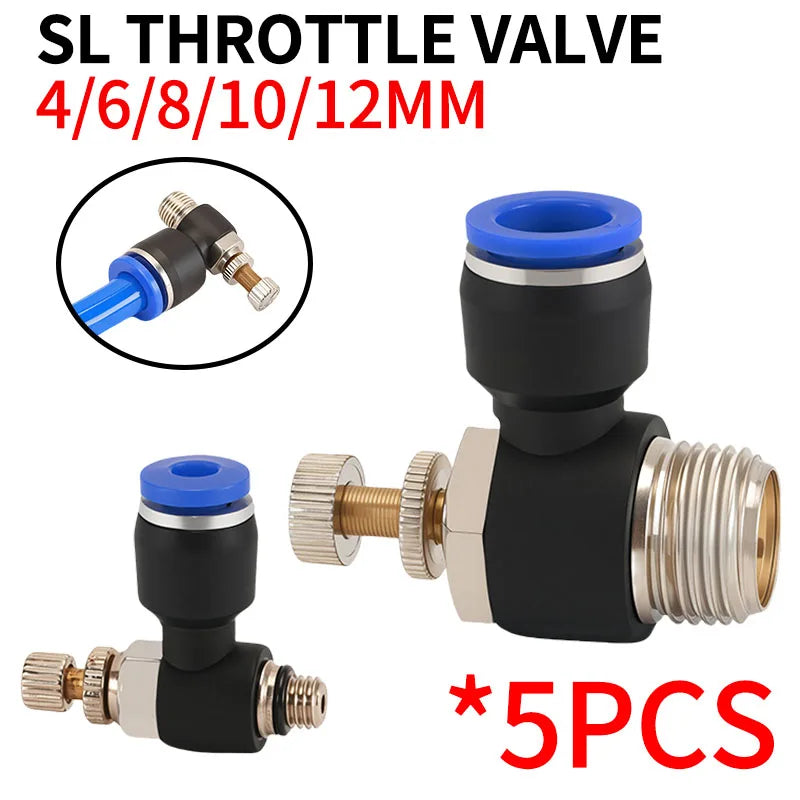 5PCS SL Throttle Valve - 4-12mm Fast Connector for M5 & 1/8-1/2" Air Speed Control, Speed Regulating Valve Pneumatic Fittings