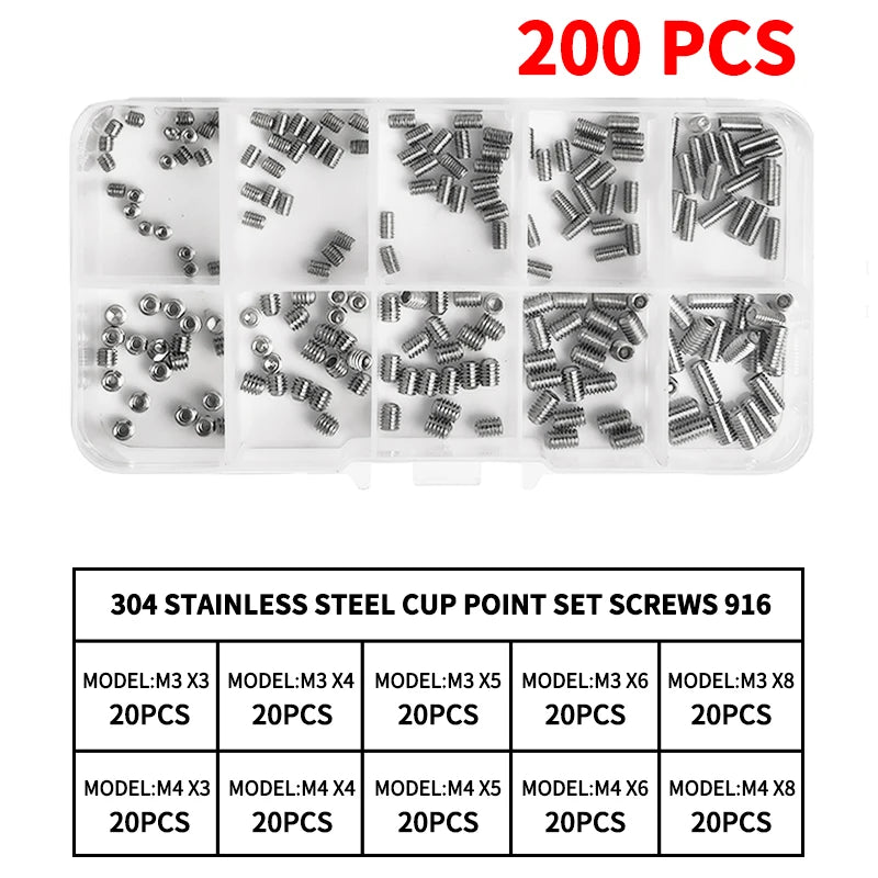 304 Stainless Steel Grub Screws Assortment Kit, Hex Socket Cup Point Set Screws with Allen Key,M3–M10 DIN916 Precision Fasteners