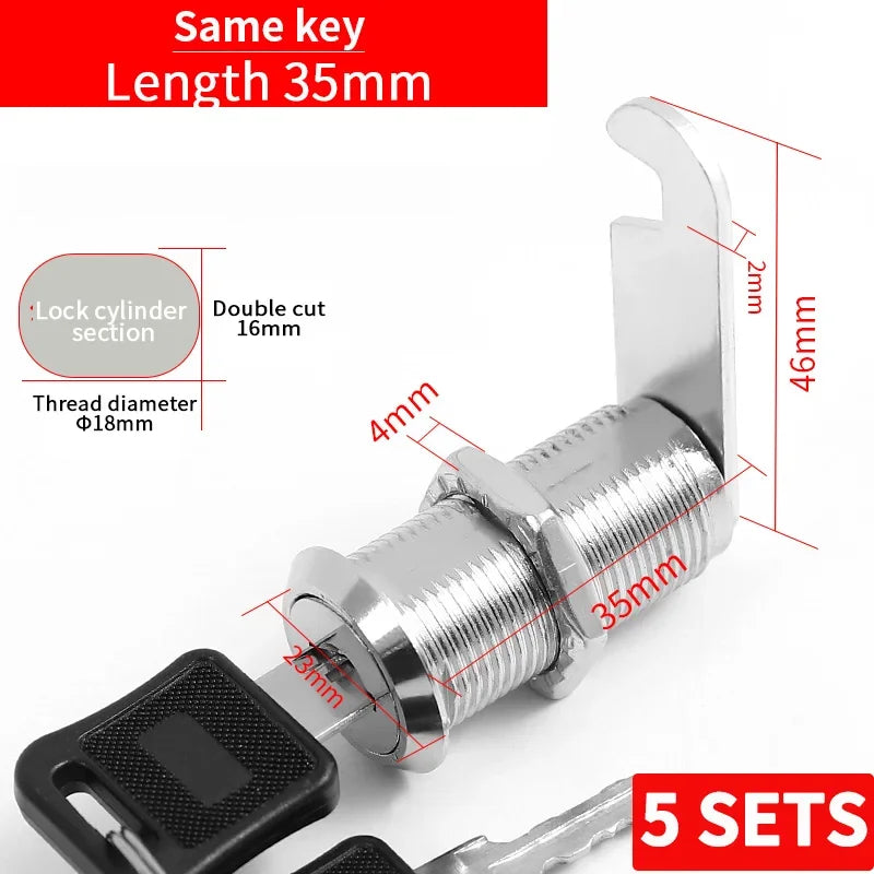Cabinet Cam Lock Set, 5 Pack Two-Sided Keyed Alike 16MM-30MM Cylinder Cam Locks Secure Mailbox File Drawer Compartment Lock