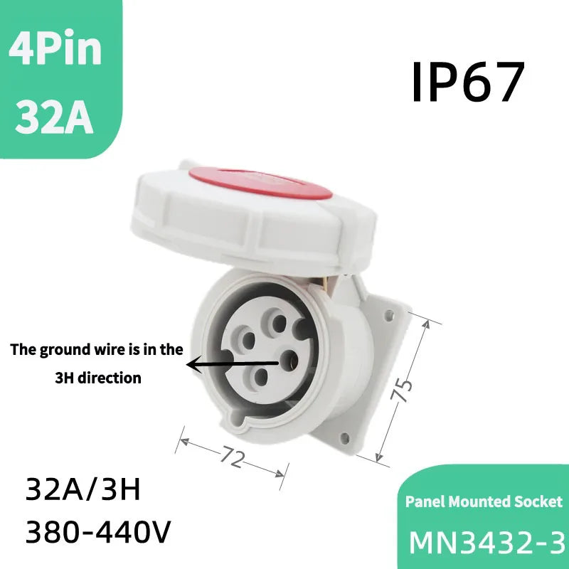 1PCS 4Pin 32A-3h Refrigerated and Refrigerated Container  Industrial Plug Quad Marine Four Hole Connector Socket 380-440V MN3412