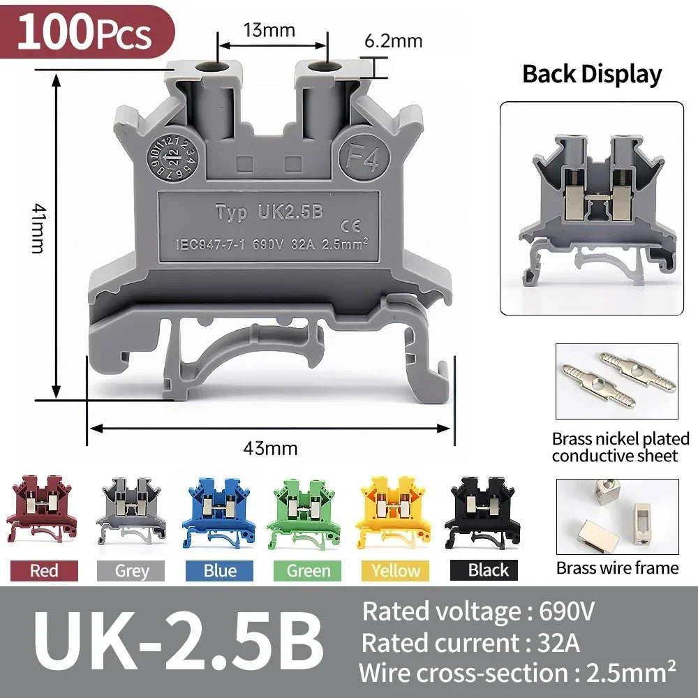 Premium Brass UK Screw Clamp Connector for Wiring, DIN Rail - Mounted,UK1.5N, 2.5B, 3N, 5N, 6N, 10N, 16N, 25N, 35N, 50N