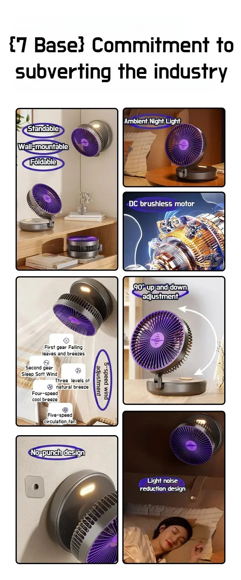 Foldable Desktop Fan Mini Wall-Mounted Car With Warm Night Light Rechargeable 4 Gears Adjustable Portable Air Circulation Amagi