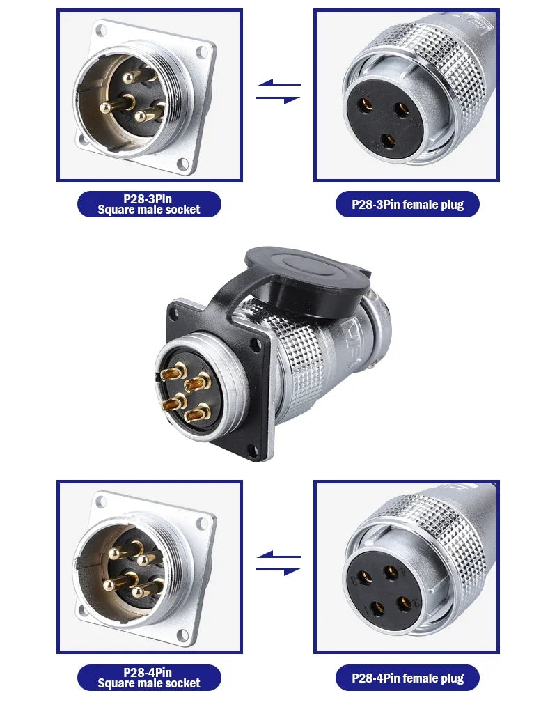 P28 Aviation Connector, Square Flange Socket, Male/Female Circular Butt Joint, 2/3/4/5/7/10/12/14/16/19/20/24 Pin, P28K2Q PLS28