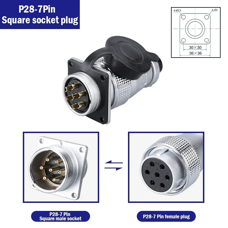 P28 Aviation Connector, Square Flange Socket, Male/Female Circular Butt Joint, 2/3/4/5/7/10/12/14/16/19/20/24 Pin, P28K2Q PLS28
