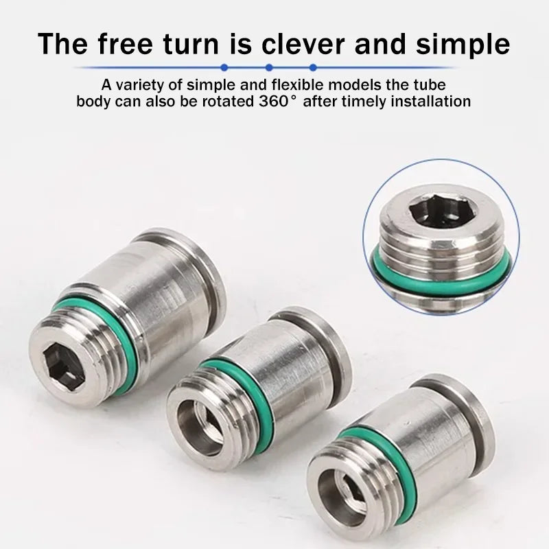 304 Stainless Steel Pneumatic Push-In Fitting POC-G, Internal Hex Quick Connector for Air and Gas Pipe Systems