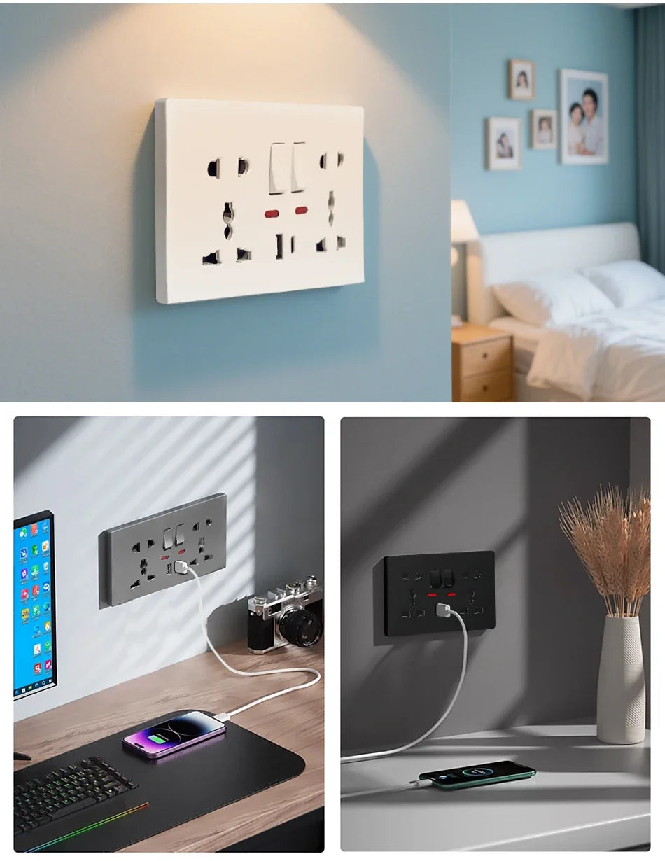 Universal Wall Socket with USB-C and USB Charger, 2 Gang Power Outlet with Switches, Flush Mount AC 110–250V for Home Office Use