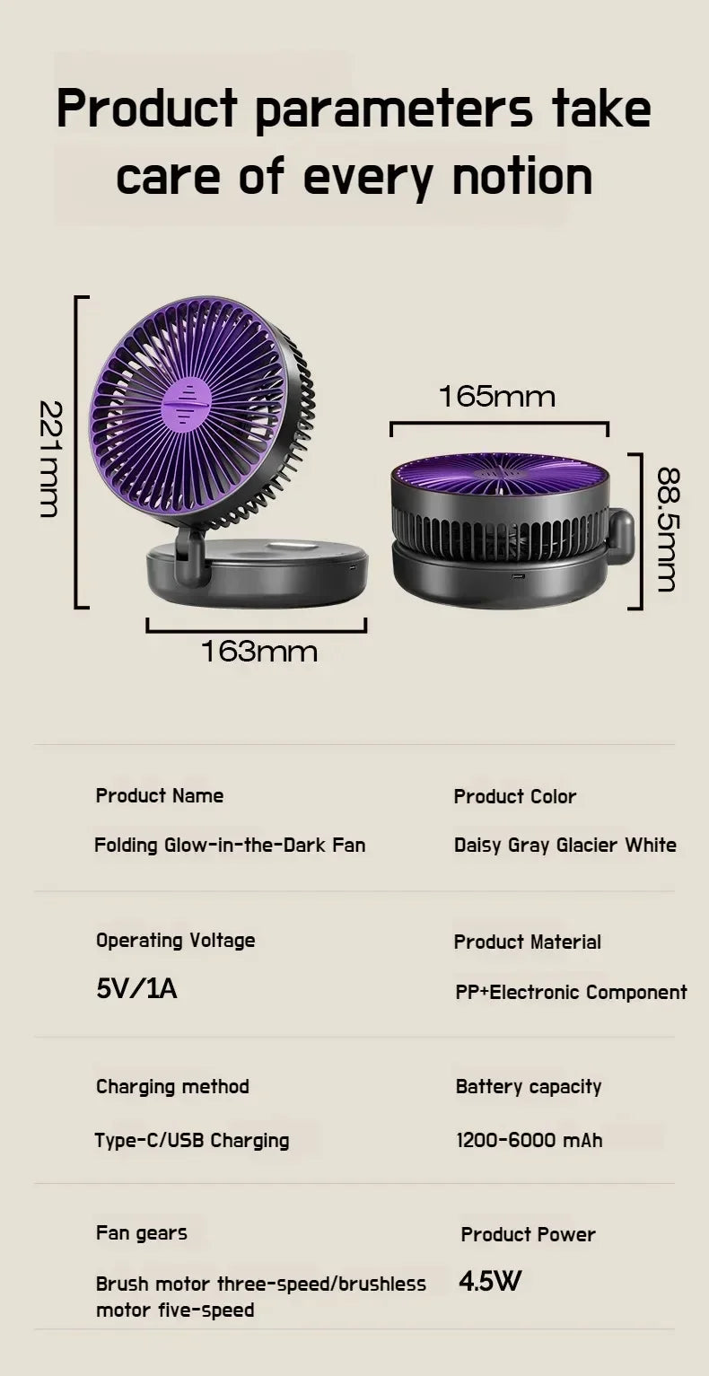 Foldable Desktop Fan Mini Wall-Mounted Car With Warm Night Light Rechargeable 4 Gears Adjustable Portable Air Circulation Amagi