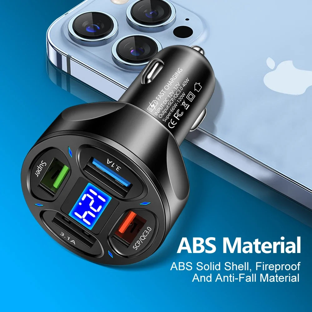 66W USB Type C Fast Charger For Car PD 4 USB Car Quick Charge QC3.0 12/24 V Cigarette Lighter Charger Adapter For iPhone Xiaomi