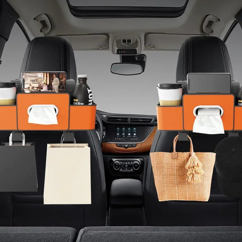 Universal Fit 4-in-1 Car Seat Organizer Tissue Holder Cup Slots Hooks Phone Holder Durable Multi-Functional Storage Box Vehicle