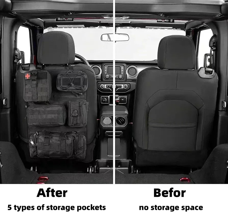 6pcs/set Universal Car Backrest Wall Hang Seat Back Storage Bag Organize Molle Panel with 5 Detachable Pouch,Outdoor Campe Hike