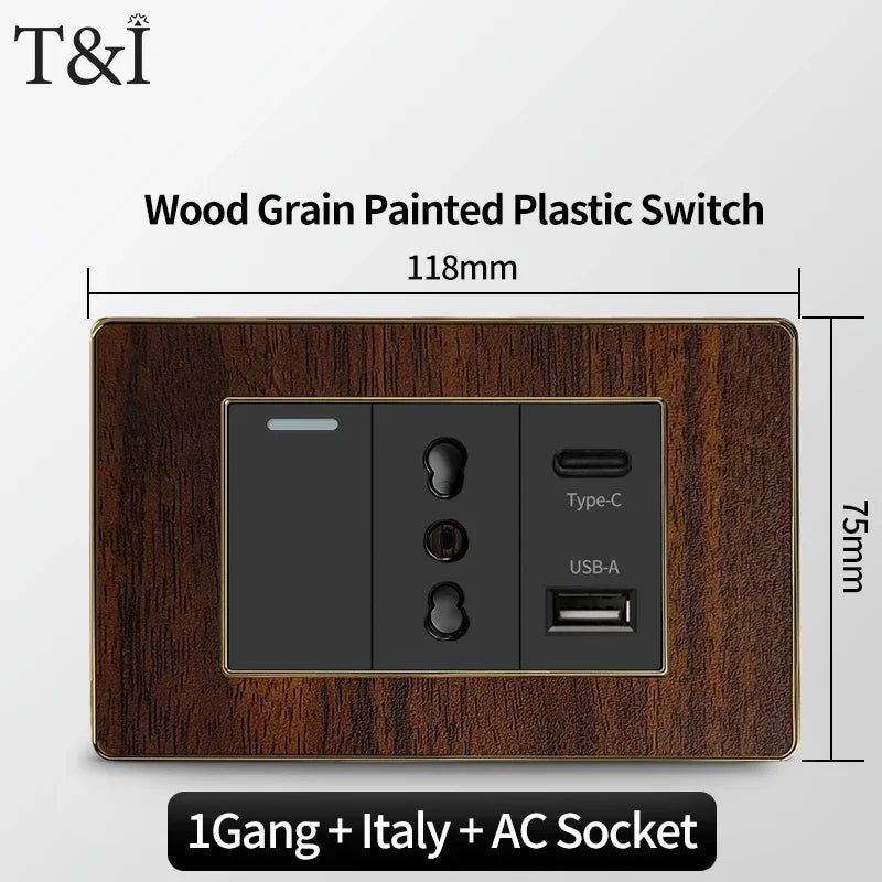 118-Type Retro Wood Grain Wall Plate – Black Plastic Spray-Painted Decorative Panel for Italy Standard Switch & Socket