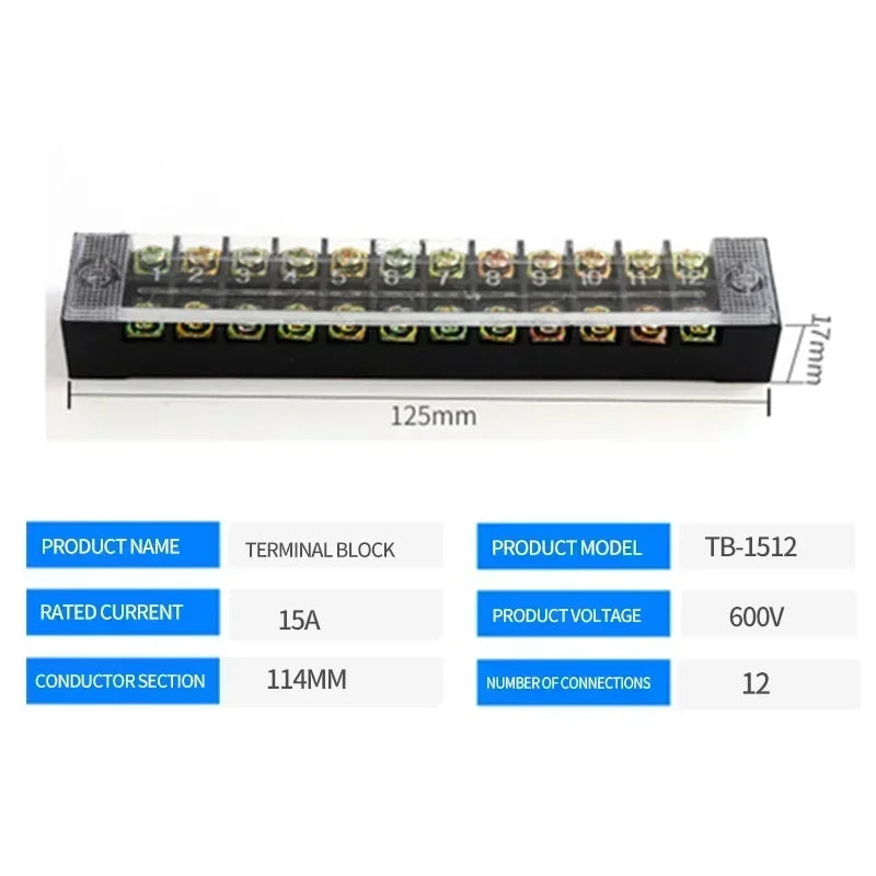 15A/25A/45A 600V Dual Row Barrier Terminal Block TB Series (3-12 Positions) Screw Connector for Electrical Panels TB1503 TB2512