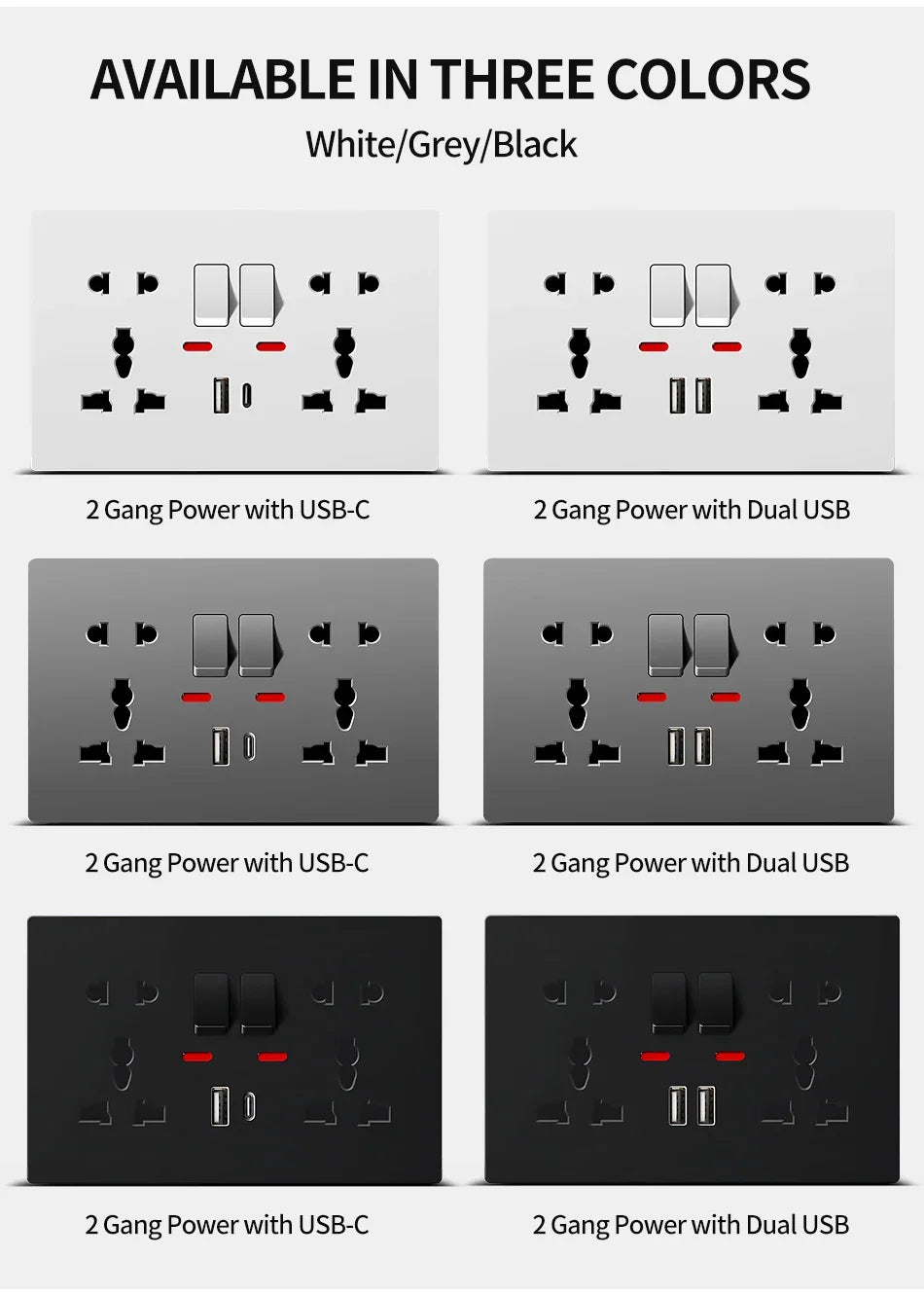Universal Wall Socket 2‑Gang Power Outlet with Switches, USB‑C Charging Port, LED Indicator, Flush Mount, AC 110‑250V