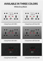 Universal Wall Socket 2‑Gang Power Outlet with Switches, USB‑C Charging Port, LED Indicator, Flush Mount, AC 110‑250V