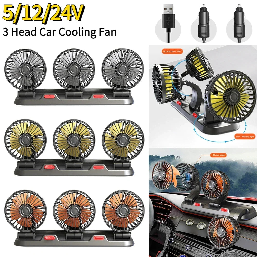 5/12v Automotive Fan Car Fan 24v 360° Adjustable 3/2/1 Head Air Low Noise Multifunctional Temporary Parking Card Auto Vehicles