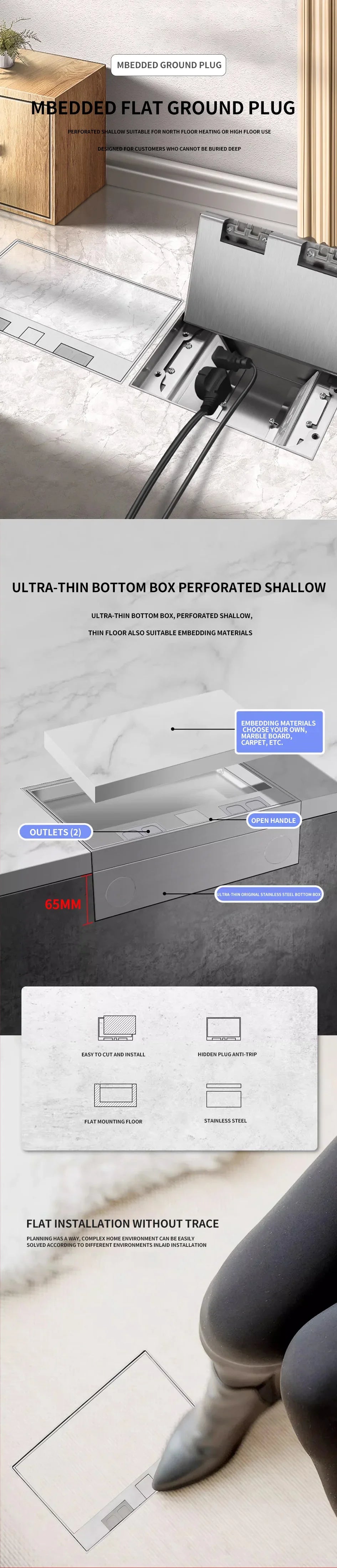 Hidden Inlaid Floor Socket: Ultra-thin Design with Built-in Multiple Power EU FR UN US AC Power Outlets and USB Charging Port