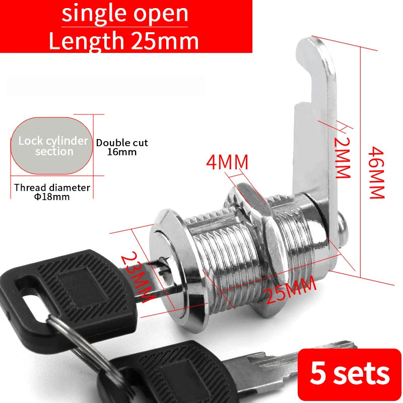 Cabinet Cam Lock Set, 5 Pack Two-Sided Keyed Alike 16MM-30MM Cylinder Cam Locks Secure Mailbox File Drawer Compartment Lock