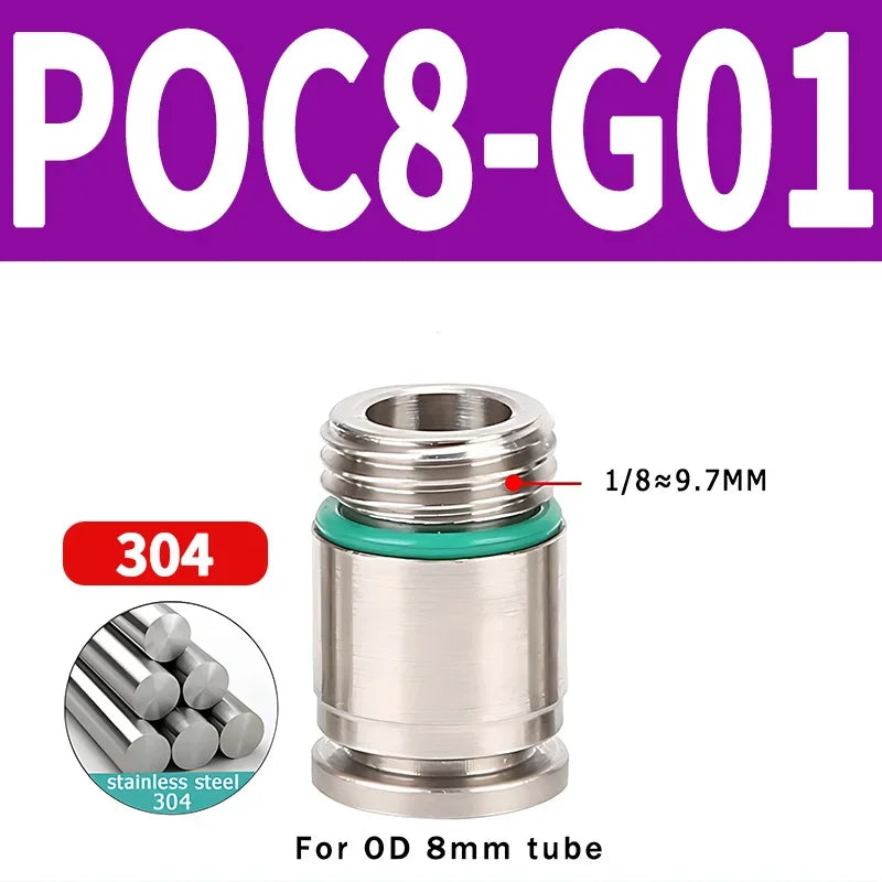 304 Stainless Steel Pneumatic Push-In Fitting POC-G, Internal Hex Quick Connector for Air and Gas Pipe Systems