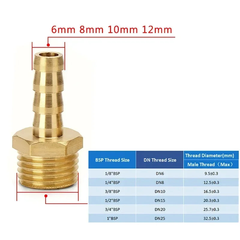 Brass Hose Barb to BSP Thread Connector, 1/4 3/8 1/2 Inch Male or Female Pipe Fitting Reducer for Air Water Fuel Line