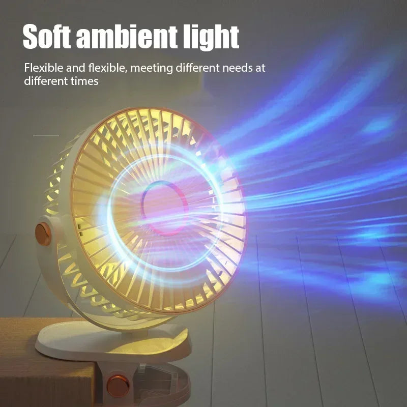Car Clip-on Fan 5 Speed Quiet Rechargeable Desktop Portable Air Circulator Wireless Fan with LED Light for Office Amagi