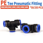 50/200 PCS PE Pneumatic Fittings 4/6/8/10/12/14/16mm Quick Connect Slip Lock Tee, 3-Way Plastic Air Water Hose Tube Connector