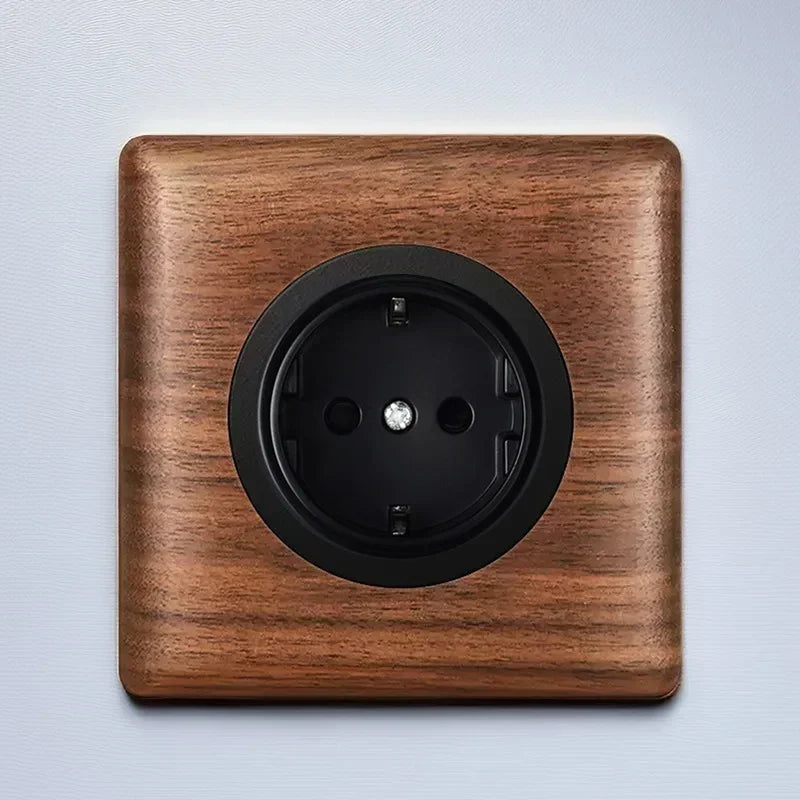 86x86mm Solid Wood Embedded Power Outlet - Childproof EU/RU/FR Socket, Fireproof Vintage Panel for Industrial & Villa Use
