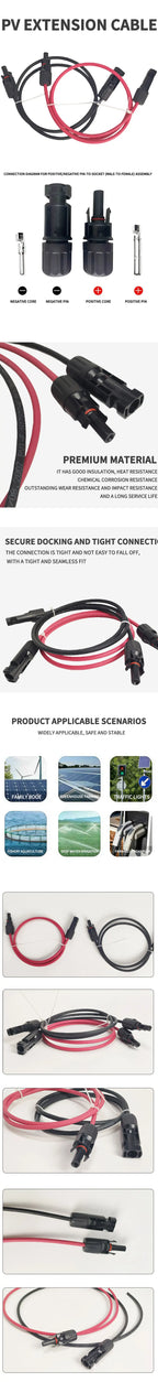 Solar PV Extension Cable Black Red 6mm² 10AWG Wire with DC Male Female Connector Waterproof Plug for Solar Panel System