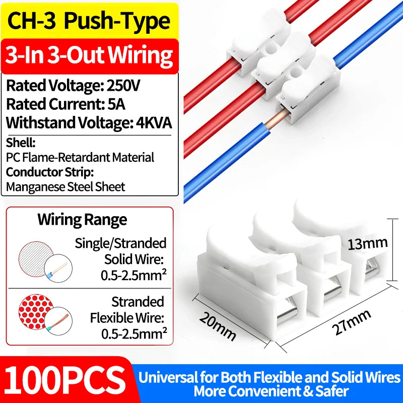 100PCS CH2 CH3 Quick Push Wire Connector, 2Pin 3Pin Spring Loaded Terminal Block,Flame Retardant Electrical Connector for Wiring