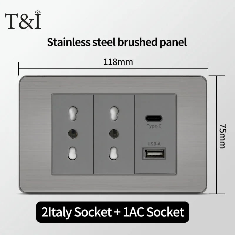 Stainless Steel Wall Socket 118x75mm Italian-Style with USB-C & Schuko Chilean Plug - Brushed Finish for Home/Office