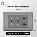 Stainless Steel Wall Socket 118x75mm Italian-Style with USB-C & Schuko Chilean Plug - Brushed Finish for Home/Office