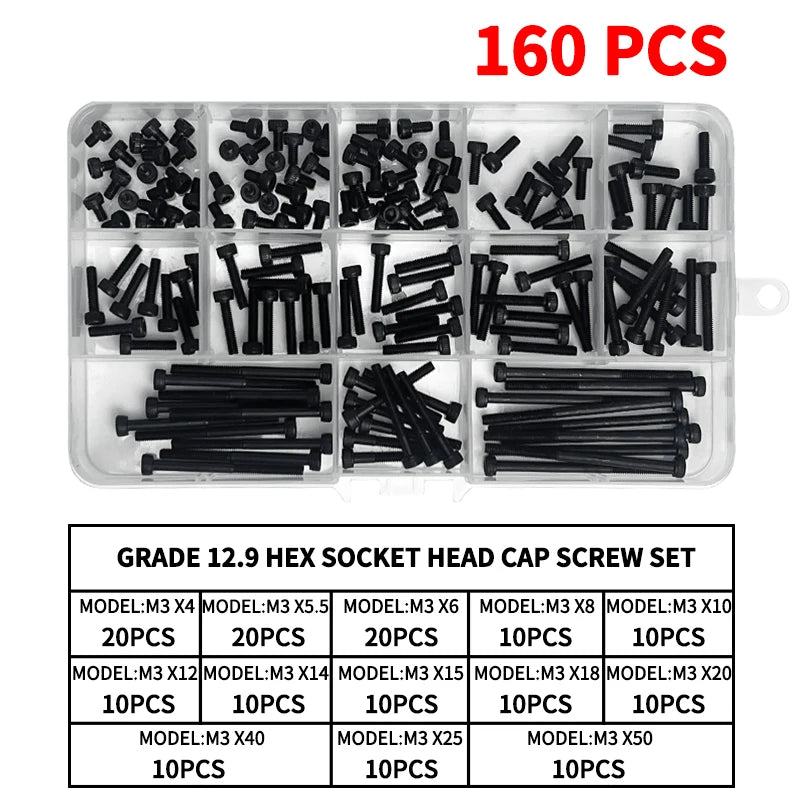 Grade 12.9 Carbon Steel Socket Head Cap Screws Kit, M3 M4 M5 M6 M8 Assortment, High Tensile Hex Bolts, Rust Resistant, Allen Key